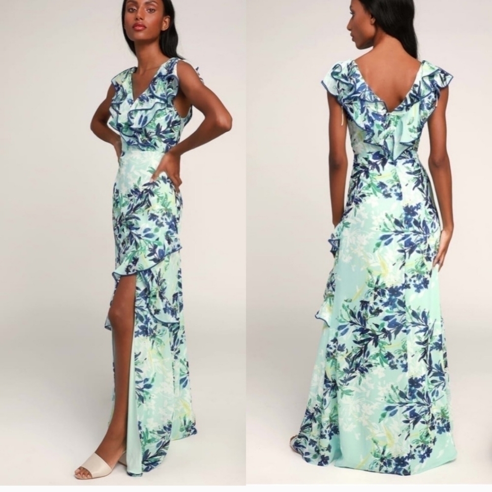 NWT LULU'S Sammi Light Blue Floral Print Ruffled Surplice Maxi Dress SMALL
